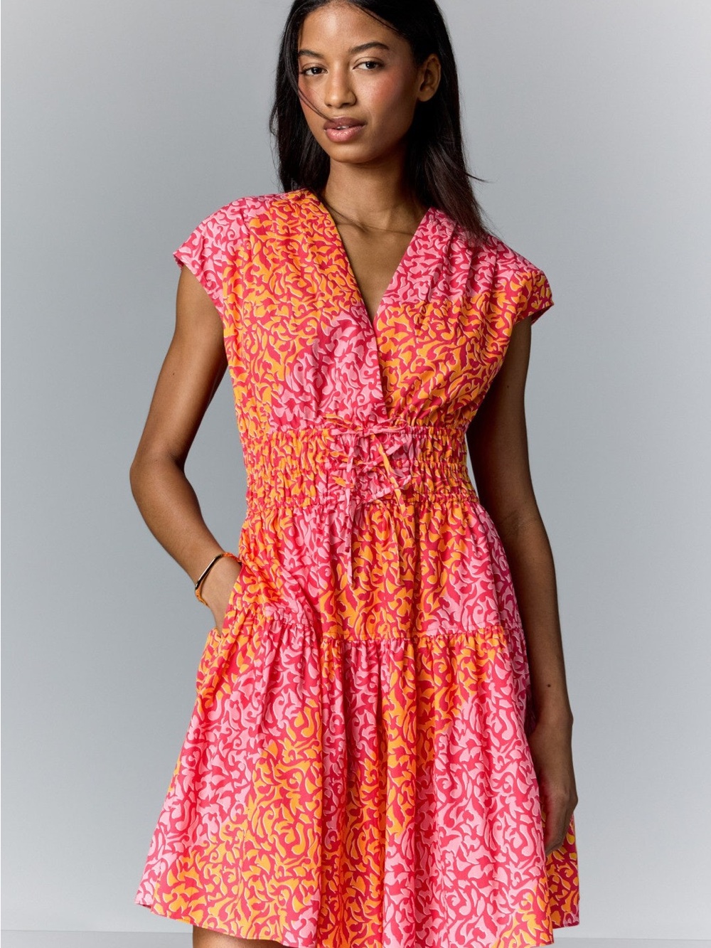 Derek Lam Pink & Orange Printed V-Neck Mini Dress